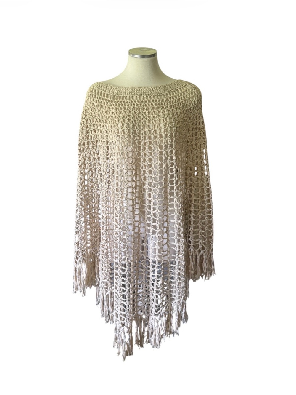Chico's Open-Knit Fringe Poncho crochet Sweater - Cream